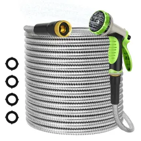 B0d53jwhnq Amoox 25ft Stainless Steel Garden Hose - Puncture And Rust Proof Lightweight Sprayer