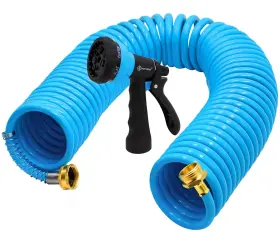 B0f4wy8hf6 Automan 50ft Eva Coil Garden Hose Brass Connectors 7-pattern Sprayer No-kink
