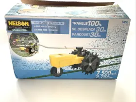 1855 Nelson New Traveling Lawn Sprinkler Large Metal 100 Feet Rare Black Wheels 1855 Nelson New Traveling Lawn Sprinkler Large Metal 100 Feet Rare Black Wheels