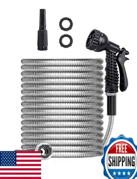 B096xmhh15 Sixwood Metal Garden Hose 100ft Stainless Water With Adjustable Nozzle And
