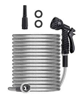 B09zh779vc Sixwood 75ft Stainless Steel Metal Garden Hose With Adjustable Nozzle - Heavy Duty