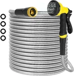 25FT Water Hose, Heavy Duty Stainless Steel Garden With 10 Function Nozzle, New. Price: $35.99.