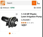 Everbilt 1-1/2 Hp Thermoplastic Lawn Irrigation Pump, 52 Gpm, Dual Voltage New. Price: $300.00.